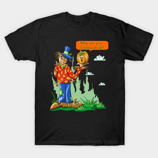 Halloween Scarecrow holding pumpkin Fall Autumn Halloween and Thanksgiving Gift T-Shirt by SidneyTees